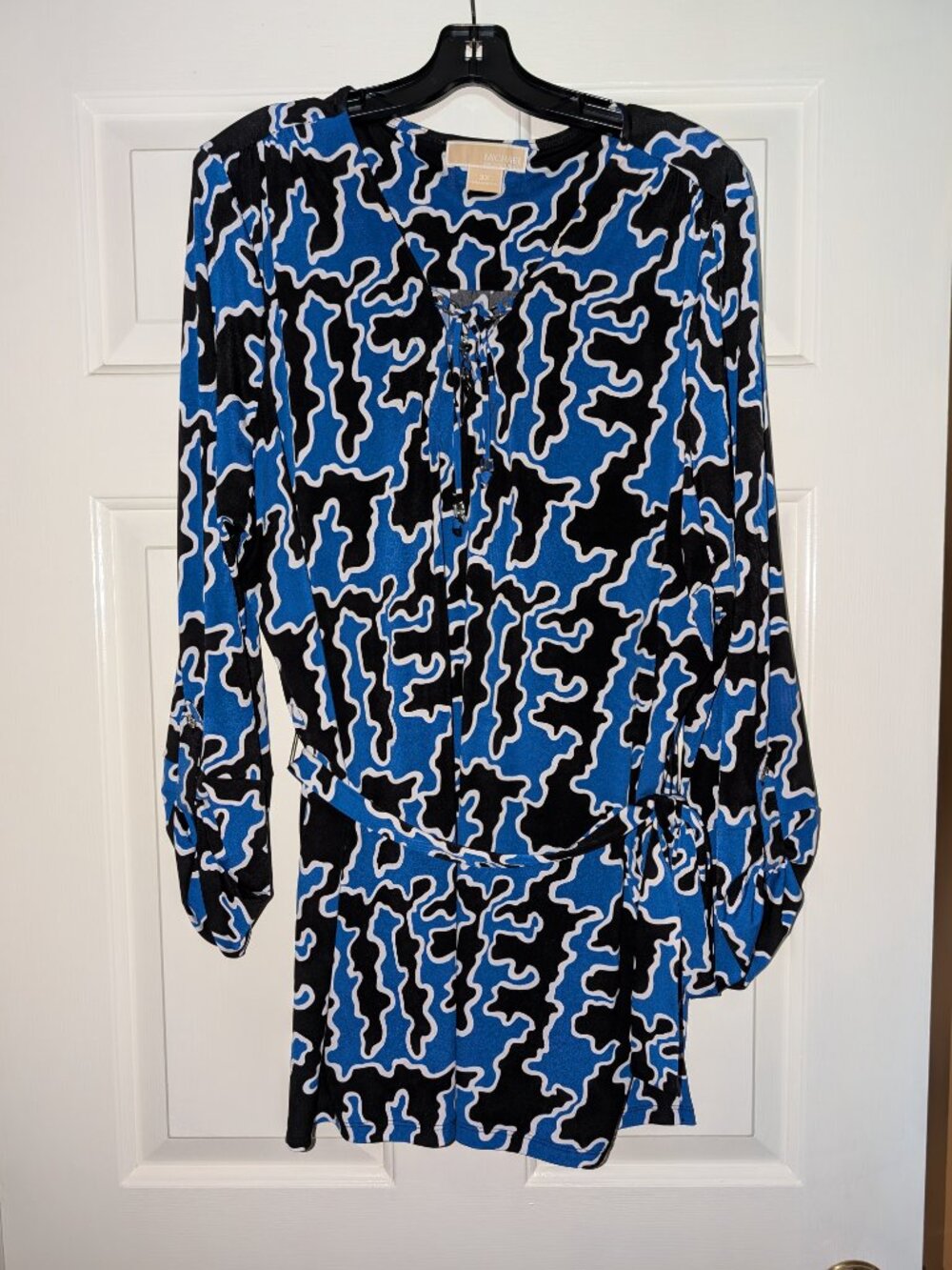 Michael Kors Belted Long Sleeve Tunic in Blue and Black with Lace Up